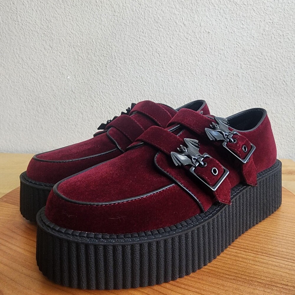 Killstar Shoes Womens Size 8 Red Faux Suede Platform Mary Jane Bat Creepers - Picture 7 of 14